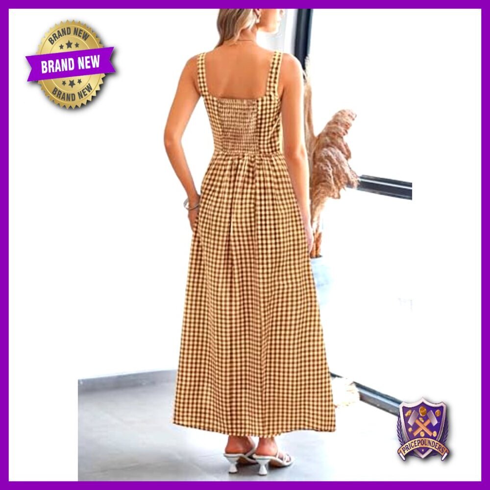 Spaghetti Strap Maxi Dress Plaid Square Neck A-Line Casual Beach Vacation - Picture 2 of 7